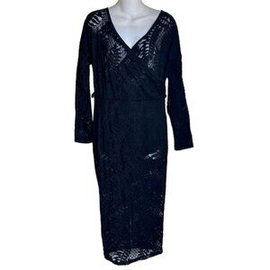Black Lace  Bodycon Dress For Women - V-Neck Long Sleeve Knee Length